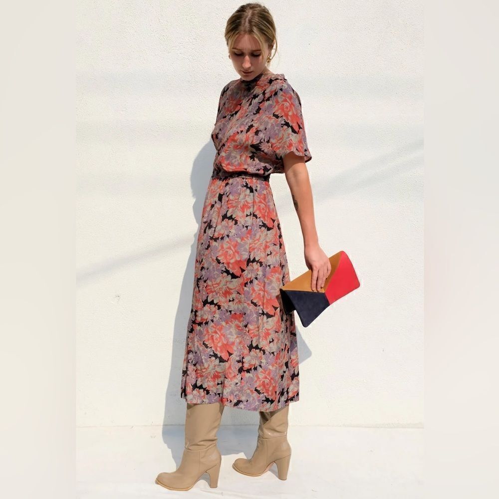 NWT No.6 Willa Dress in Flame Camellia Silk Blend Mock Neck Midi L